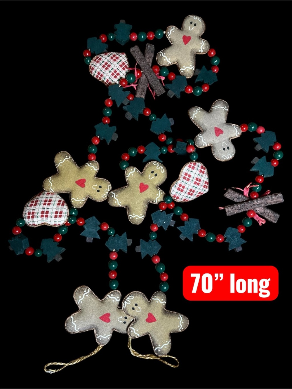 Vintage Christmas Gingerbread wood Plush Garland - Red, Green, Cream